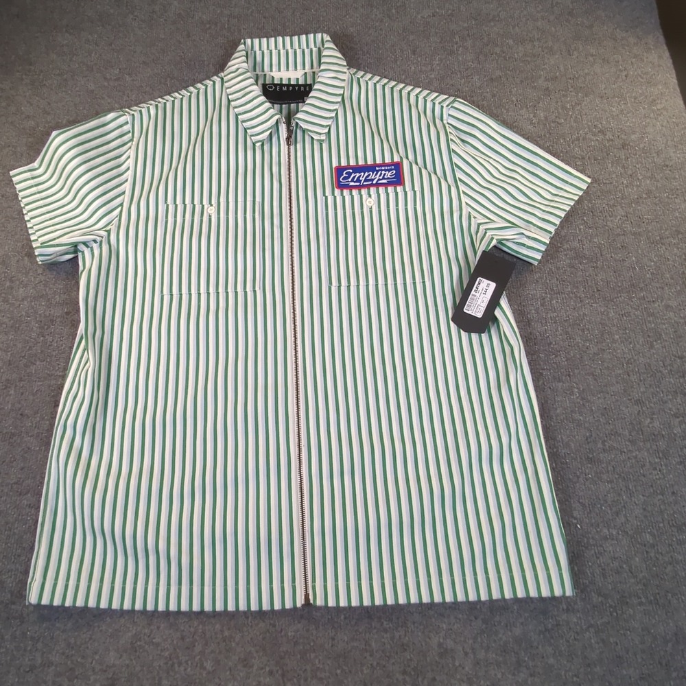 Empyre Mens Green Blue Striped Zip Up Short Sleeve Woven Shirt Large NWT #2564